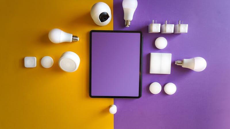 Tablette affichant une interface de maison connectée dans un salon moderne.